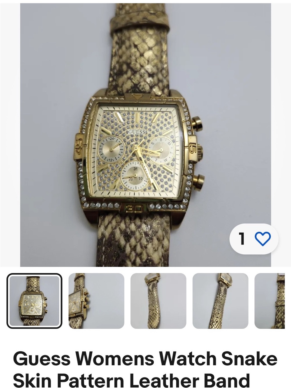 GUESS Gold Tone Watch with Snake-Print Leather Band